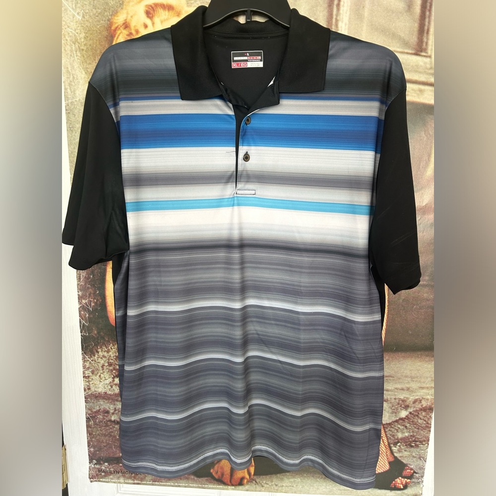 Men’s Grand Slam athletic fit golf shirt. Black w/ white blue stripes. Size XL.